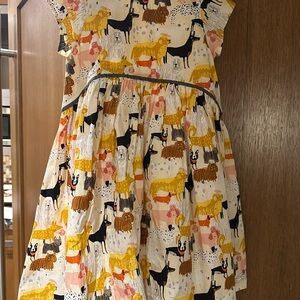 Pink Chicken Girls' Cream Dress with Yellow, Pink, Black Dog Print